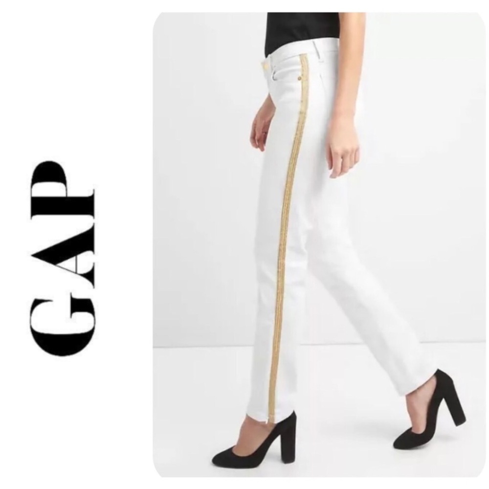 Gap white gold metallic side striped straight stretch jeans 31R